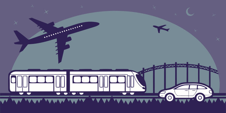 a train, car and planes in transportation scene at night Vector