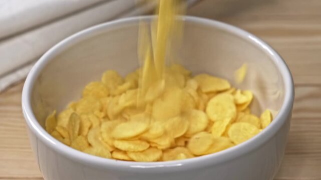 Pouring dry corn flakes into a white bowl on a light wooden table for morning breakfast