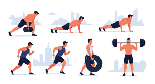 Group of athletic men performing various strength and cardio exercises including weightlifting, running, pushups, and flipping heavy tires.