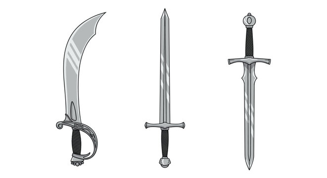 Set of three distinct historical swords including a curved scimitar, a classic longsword, and a medieval knightly broadsword in silver.