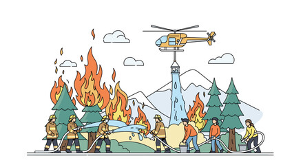 Naklejka premium Team of firefighters using hoses and an aerial water drop from a helicopter to extinguish a large forest wildfire.