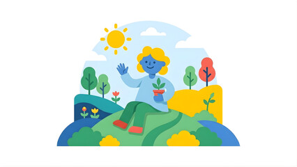 Naklejka premium Abstract Character Sitting in Nature with Potted Plant: Modern Flat Landscape Illustration