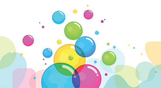 Colorful bubbles float amidst smaller orbs and stars