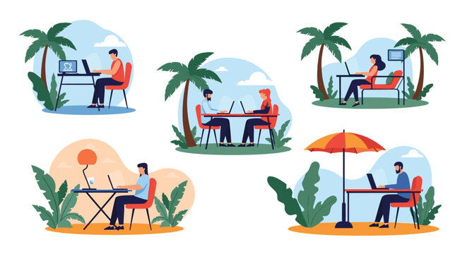 Digital nomads and remote workers use laptops in various tropical outdoor locations like beaches and parks under palm trees.