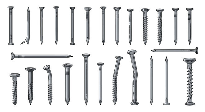 Collection of various steel nails and metal screws in different sizes and shapes including straight and bent versions for construction projects.