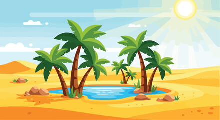 Obraz premium A serene desert oasis with palm trees and a small pond