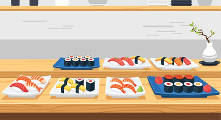 A sushi display on two wooden counters © Kuisdi