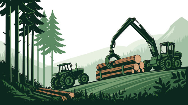 Logging machinery operating in a forest with stacked logs with forest landscape, cut
