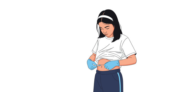 Young girl wearing medical gloves cautiously administering a subcutaneous medical injection into her abdomen at home.