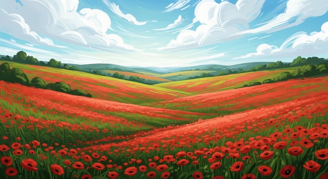 rolling green hills covered in a blanket of red poppies. Soft, dappled sunlight hits the peacefTL valley, with a bright sky rendered in thick, expressive brushstrokes and dabs of white clouds.
