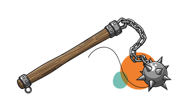 Traditional medieval flail weapon with a spiked iron ball on a chain attached to a wooden handle against a plain background.
