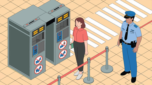 Woman at security checkpoint with 1 guard standing near entrance gate, isometric