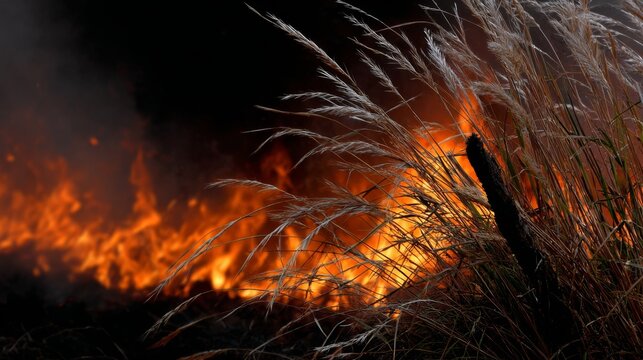 Wildfire Raging in Dry Grass Field at Night with Intense Orange Flames and Smoke.