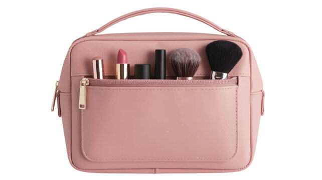 Pink leather makeup bag with cosmetics and brushes  beauty essentials
