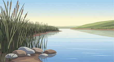 A serene riverbank scene with cattails and rocks © Komsatun