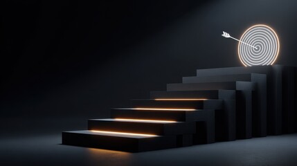 Obraz premium Dark Staircase Ascending Towards a Glowing Circular Target Illuminated by Spotlight with Orange Light Accents on Textured Ground