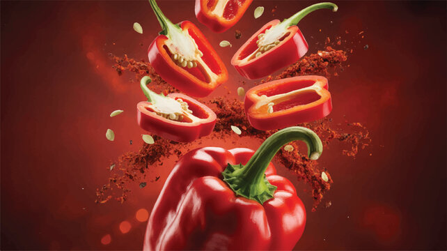 Red bell pepper exploding into slices with seeds and powder flying