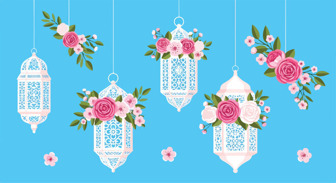 Hanging lanterns with floral arrangements on a blue background
