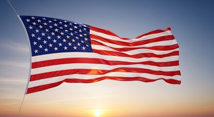 Obraz premium American flag waving in the wind at sunset with a clear blue and orange sky