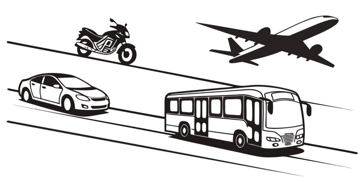a bus car motorcycle and airplane on separate roads Vector