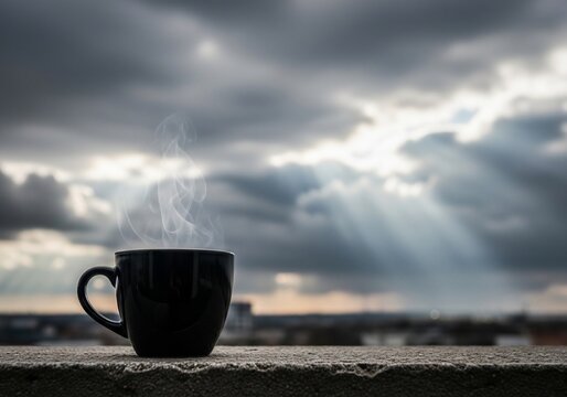 雲間から差し込む光、湯気の立つ一杯