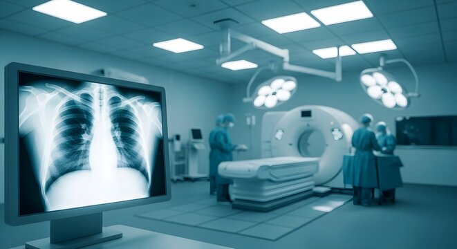 Medical Imaging Technology Showing Chest X-Ray in Modern Hospital Radiology Room with CT Scanner