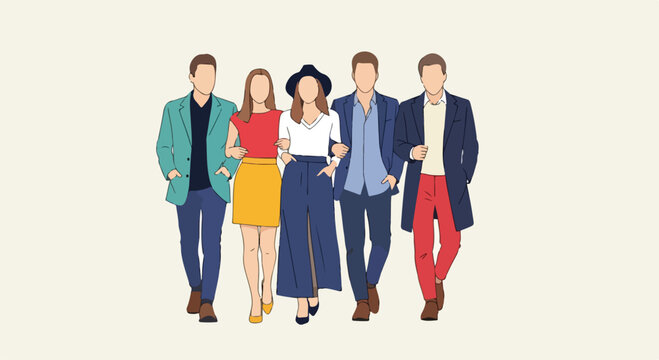 A group of five people walking together in colorful outfits
