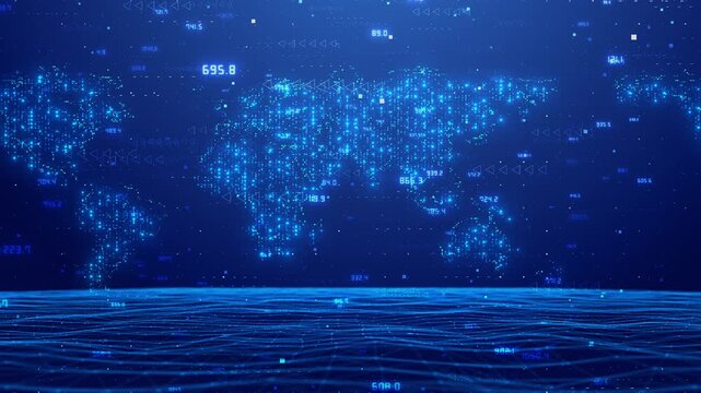 Global earth map rotating digital world breaking news Studio Animation. world map and data processing over globe. Global computing and data processing concept. data exchange, technological networks
