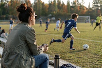 Fototapeta premium Single mother watching her son playing soccer from the sidelines. Real lifestyle moment showing support, pride and everyday parenting in an outdoor sports environment with natural light.