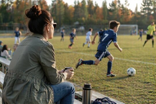 Single mother watching her son playing soccer from the sidelines. Real lifestyle moment showing support, pride and everyday parenting in an outdoor sports environment with natural light.