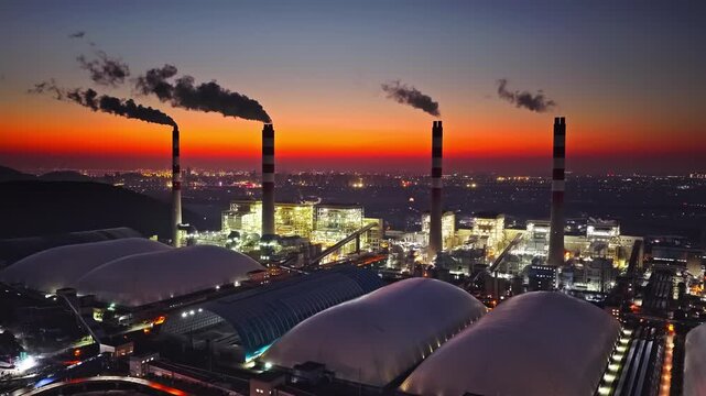 Thermal power plant with smoking chimneys and cooling towers at sunset against city skyline