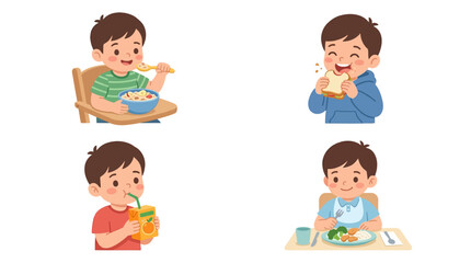 Obraz premium Boy Eating Food Color Vector Set – 4 Cute Meal Activity Illustrations in Clean Grid