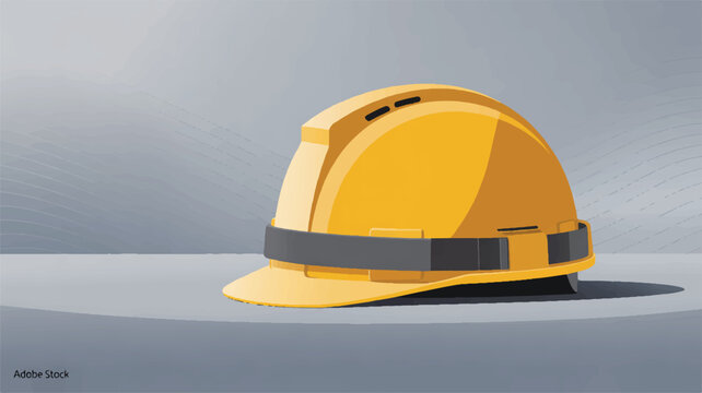 Yellow construction hard hat with gray strap and buckle on gray background