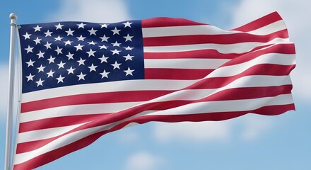 Fototapeta premium Iconic american flag waving majestically in a clear blue sky with wispy clouds symbolizing freedom patriotism and national pride captured in sharp detail with vibrant red white