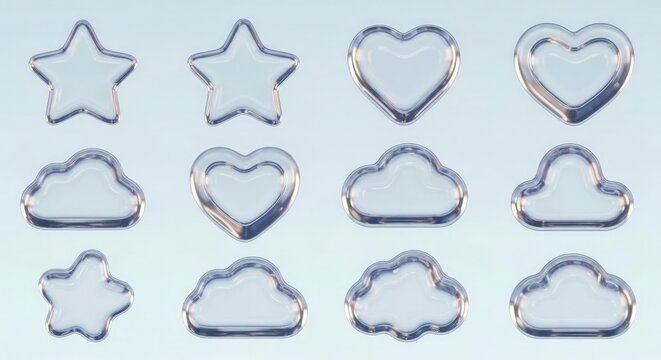 A collection of shiny metal cookie cutters in various shapes on a light blue background