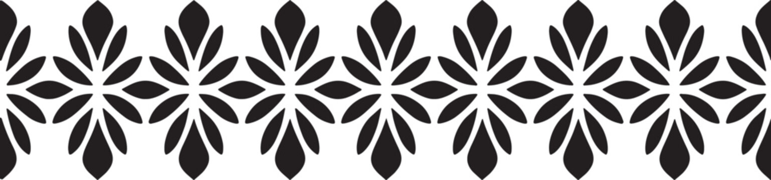 Seamless floral border pattern with symmetric black leaf elements and elegant geometric shapes