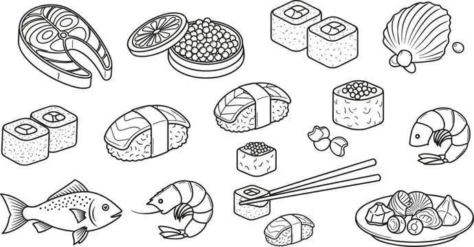 Japanese sushi and seafood vector illustration set with rolls, nigiri, fish, shrimp and traditional cuisine elements, detailed line art for restaurant menus, packaging and culinary design