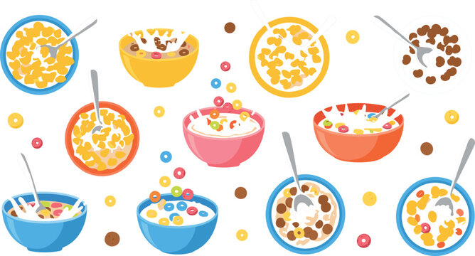 Colorful cereal bowls vector illustration with milk, chocolate and fruit loops, breakfast food collection in flat style for menu design, packaging, ads and healthy morning concepts