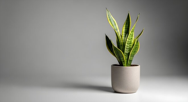 Minimalist Green Snake Plant in White Pot on Gray Background Indoor Plant Decor Photography
