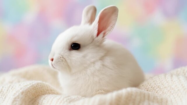 White rabbit fluffy animal cute mammal soft fur pastel background close view side view small pet bunny baby rabbit portrait close up gentle expression indoor setting calm mood, white rabbit pastel