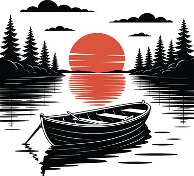 Wooden boat on lake during red sunset with forest pine trees silhouette and water reflections
