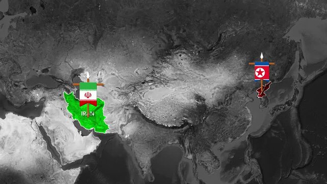 Iran and North Korea map animation showing geopolitical tension