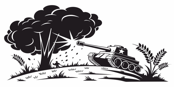 Tank firing shell near tree with soldier and smoke cloud military explosion artillery conflict fighting silhouette illustration historical outdoors engagement weaponry strategy frontline
