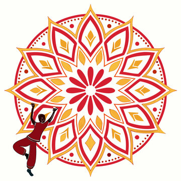 Ornate sun mandala with dancing person silhouette.