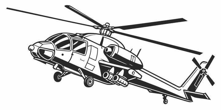 Armed military attack helicopter in mid air flight with missile launchers black and white vector illustration line art graphic landing gear helicopter military aviation airforce illustration