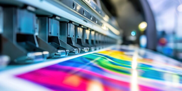 High-tech industrial printing machine applying vibrant colors onto paper