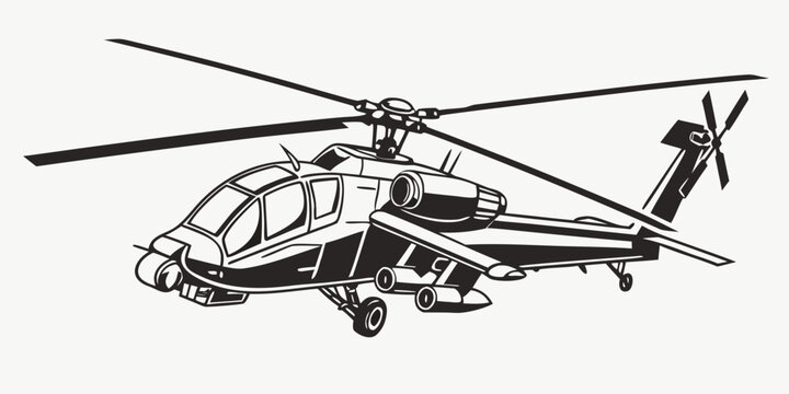 Tactical military attack helicopter gunship flying perspective view black and white line art drawing vector illustration for combat operations with landing gear helicopter military aviation