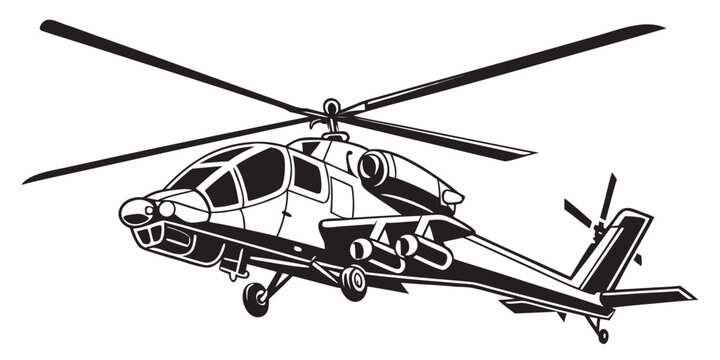 Front perspective view of a modern military attack helicopter gunship flying black and white line art illustration vector graphic with landing gear helicopter military aviation aircraft airforce