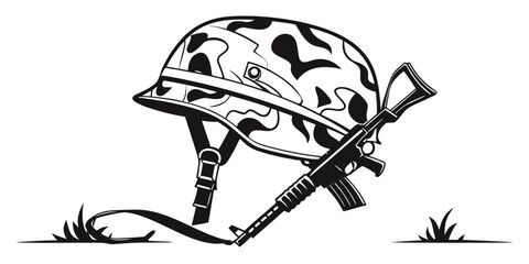 Military memorial illustration featuring camouflage helmet and rifle on ground military memorial camouflage sacrifice remembrance conflict monochrome illustration isolated tactical infantry © Adobe 