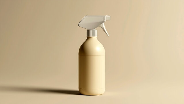 A beige spray bottle with a white nozzle and trigger sits in front of a plain, neutral-toned background, casting a subtle shadow